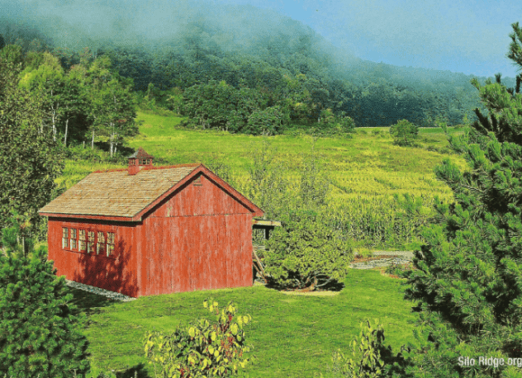 A red barn sitting in the middle of a green field.